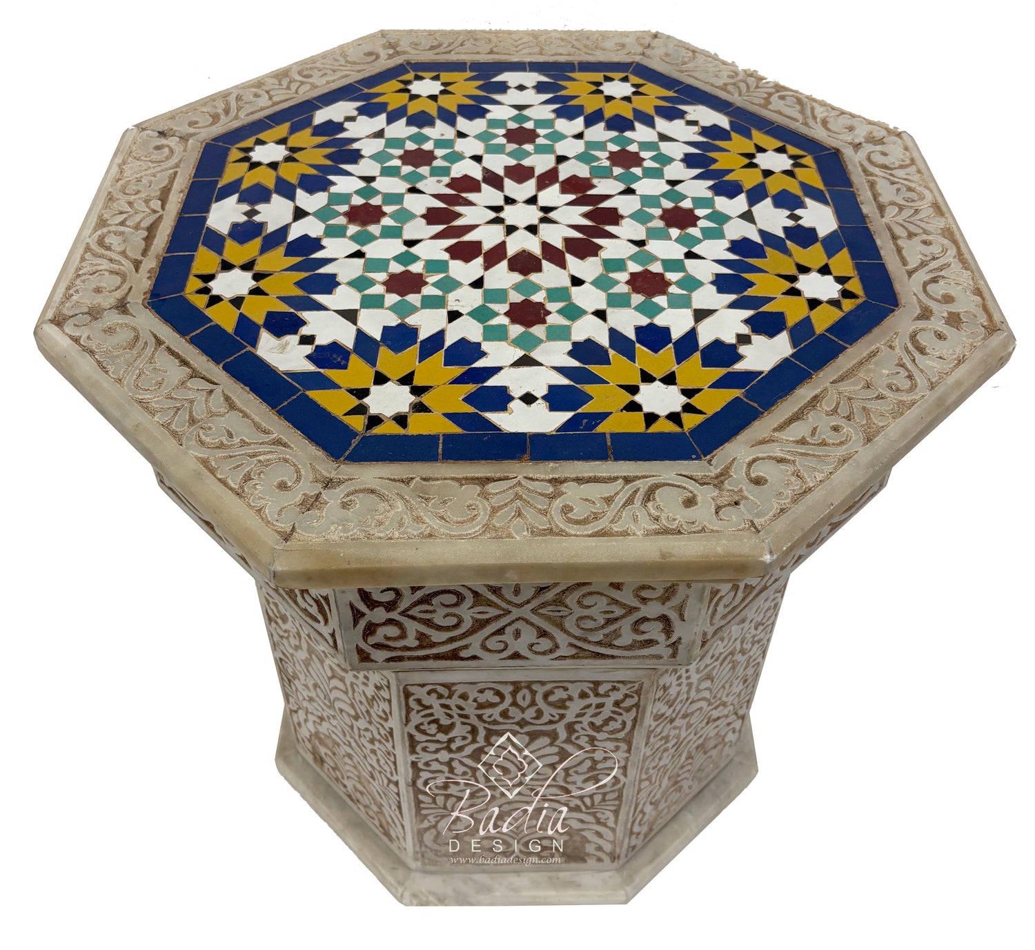 Hand Carved Marble Side Table with Hand Painted Zellige Tile Top