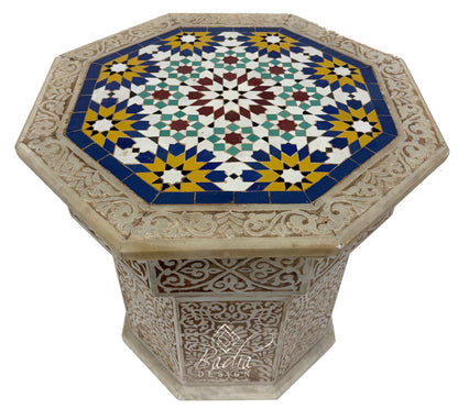 Hand Carved Marble Side Table with Hand Painted Zellige Tile Top