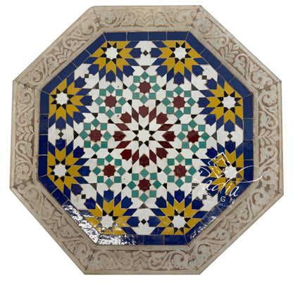 Top View of Hand Carved Marble Side Table with Hand Painted Zellige Tile Top
