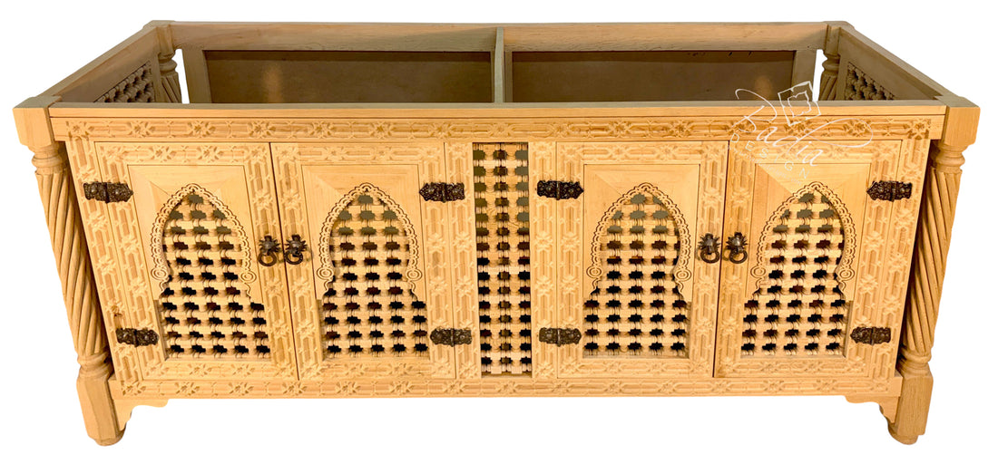 Hand Carved Unstained Moroccan Double-Sink Vanity Cabinet