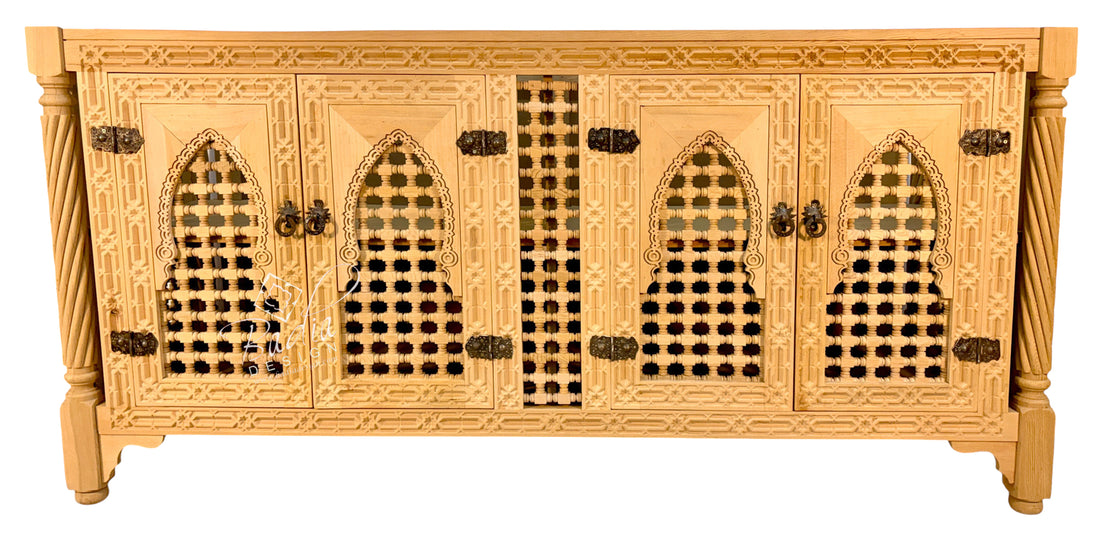 A light natural wood sideboard cabinet with carved geometric patterns and five arched lattice-front doors, shown against a plain white background.