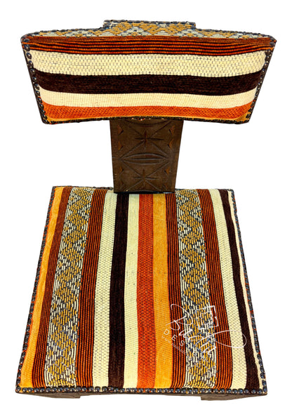 Hand-Carved Wooden Chair with Striped Upholstery