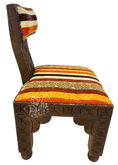 Hand-Carved Wooden Chair with Striped Upholstery
