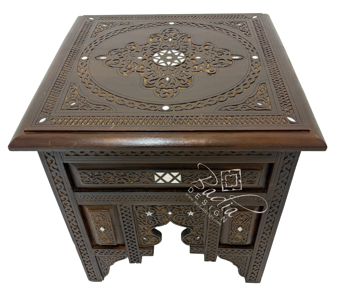 Moroccan Wooden Square Coffee Table with Mother of Pearl Accents