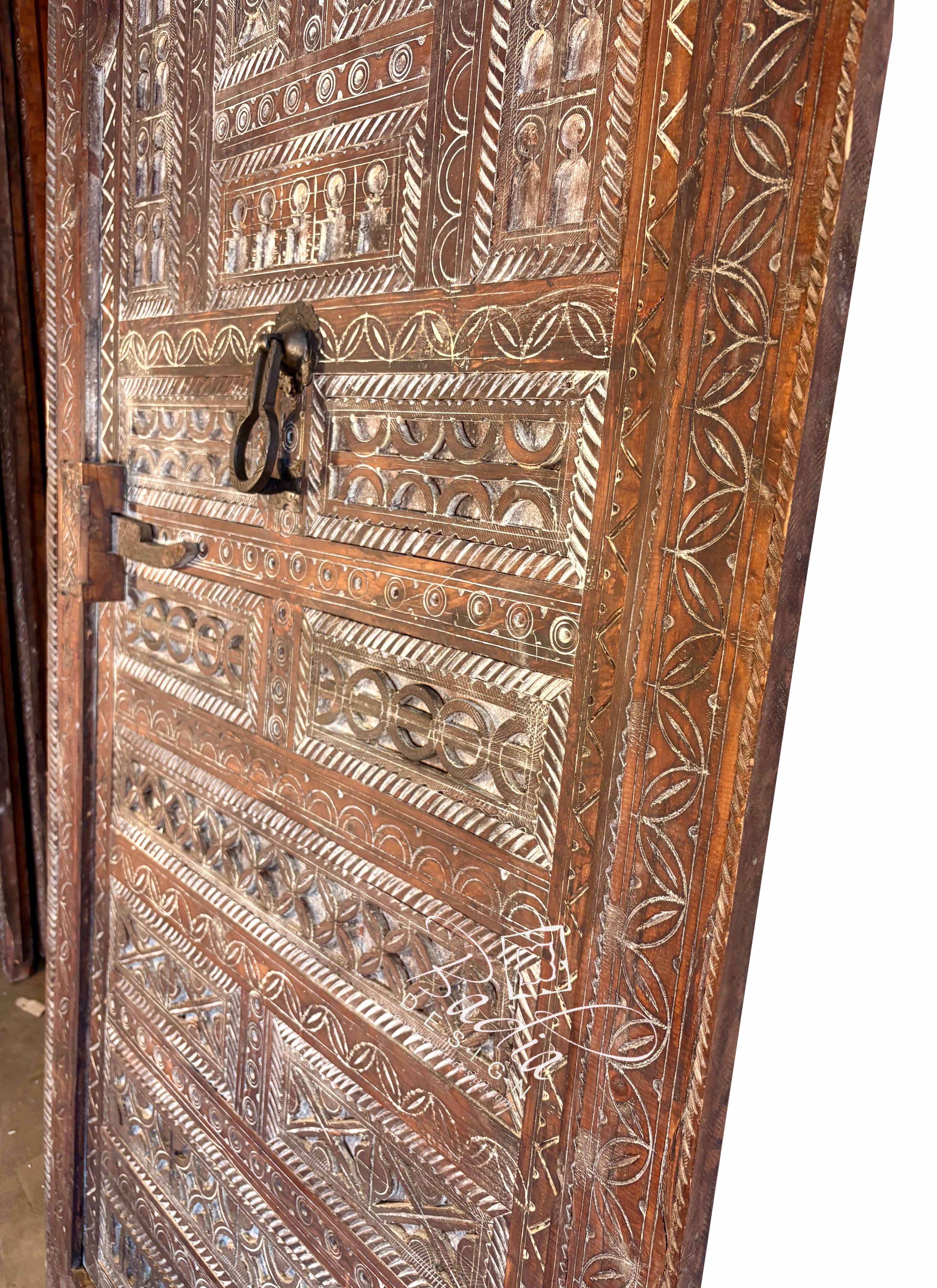 Vintage Decorative Wooden Door with Tribal Carvings