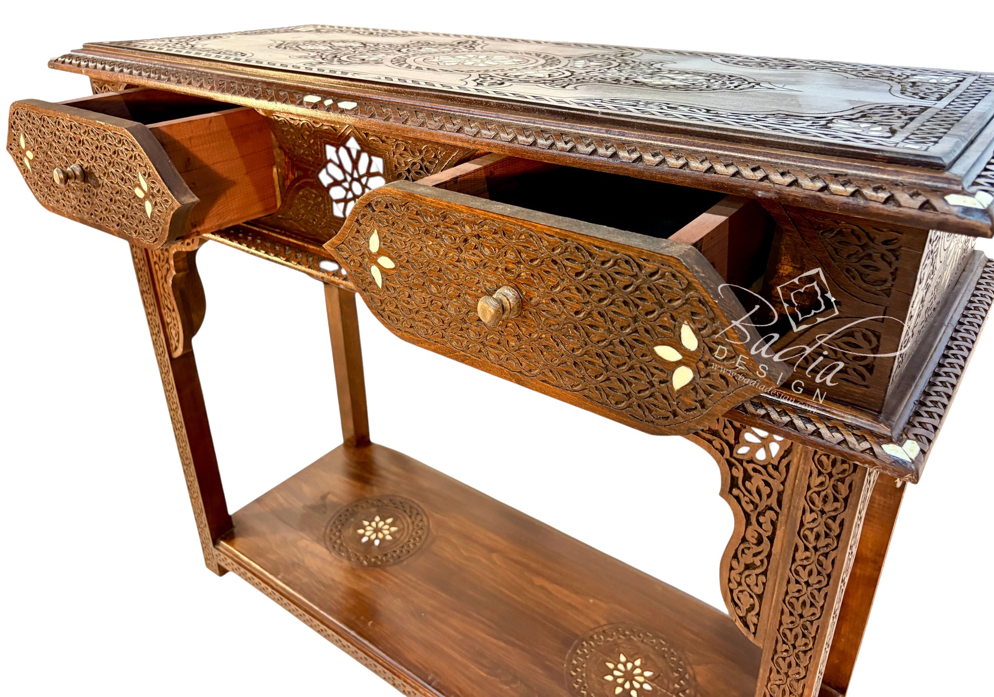 Hand-Carved Wooden Console with Mother-of-Pearl Inlay