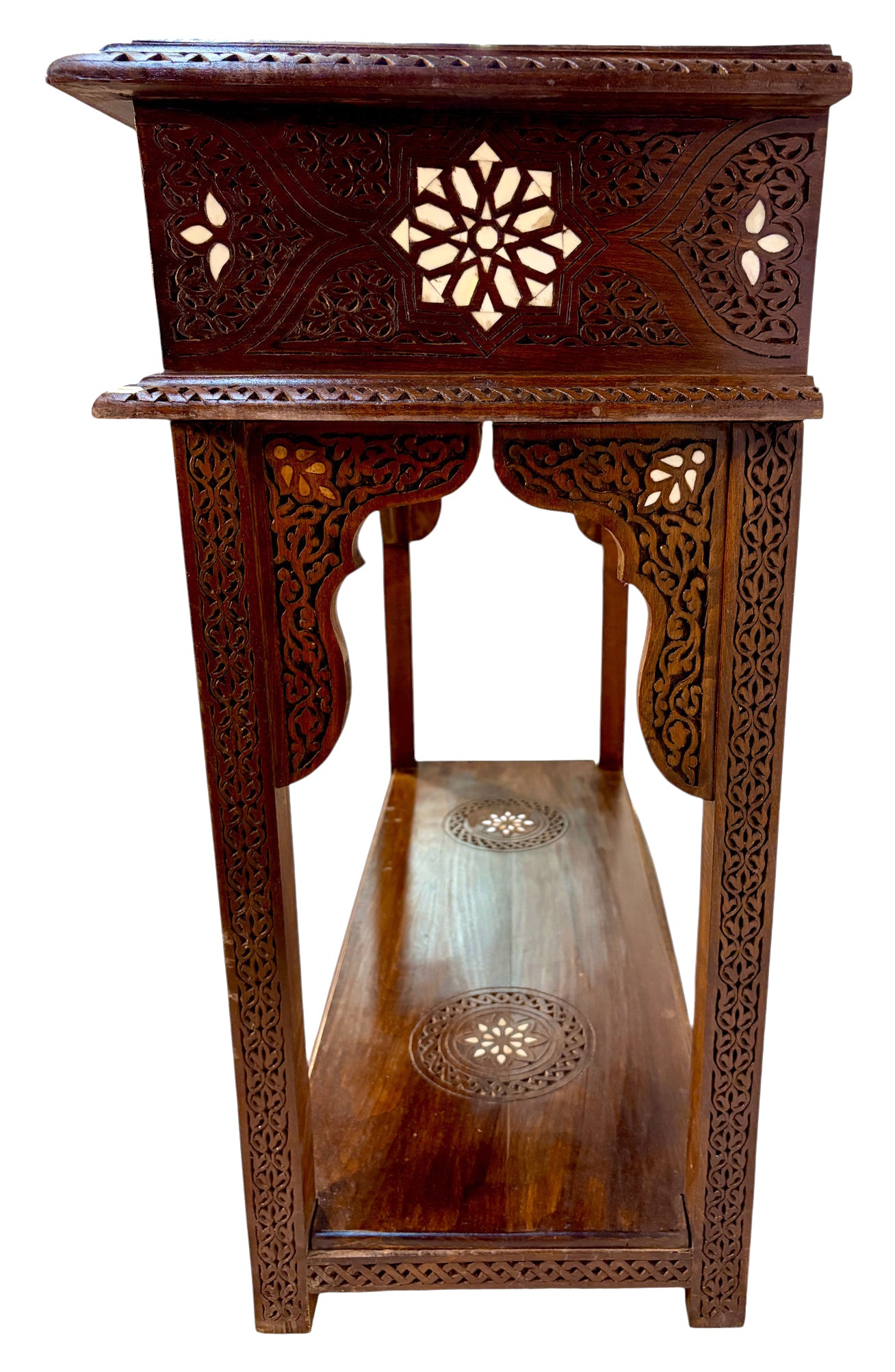 Hand-Carved Wooden Console with Mother-of-Pearl Inlay
