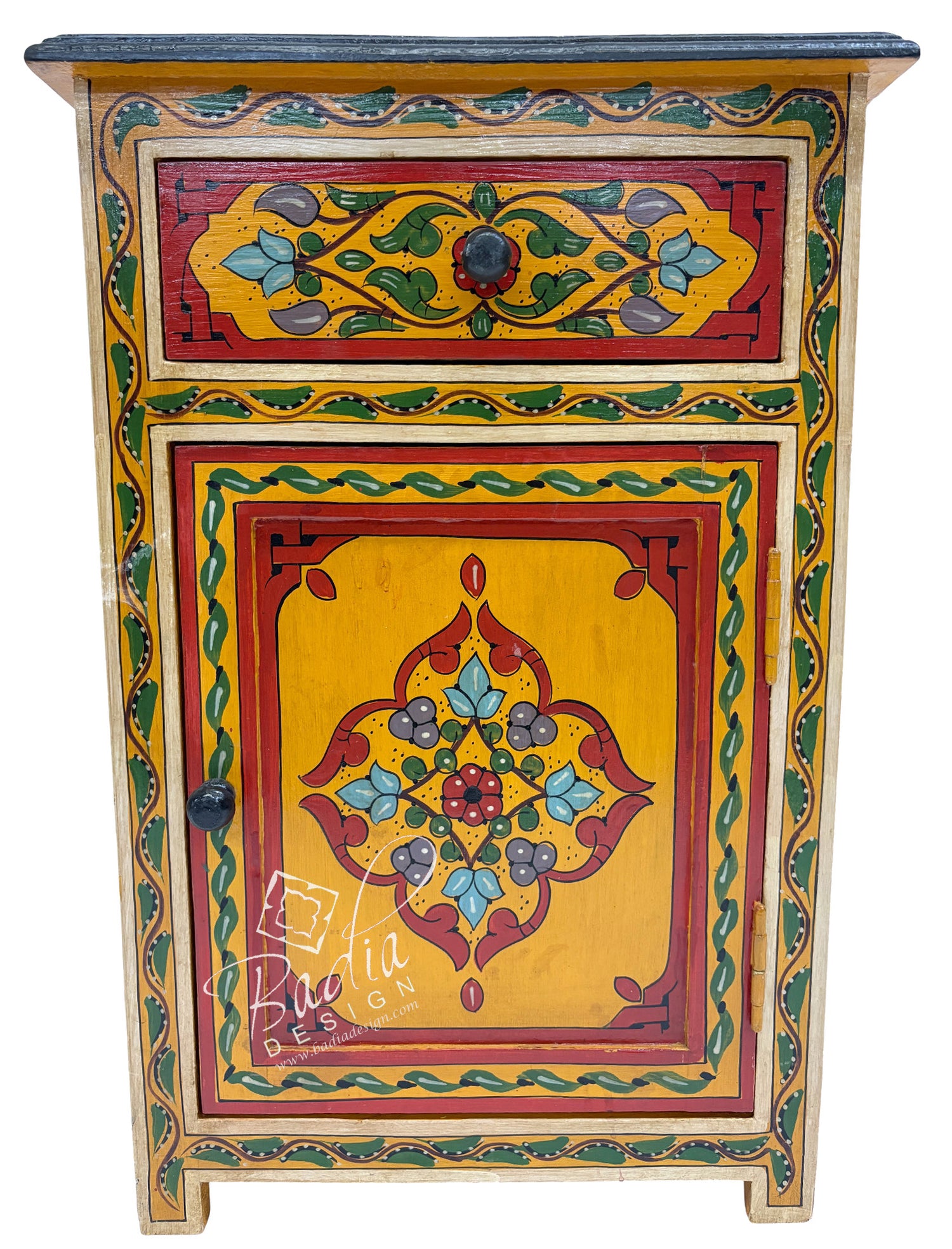 Colorful hand-painted wooden cabinet with intricate designs on a white background