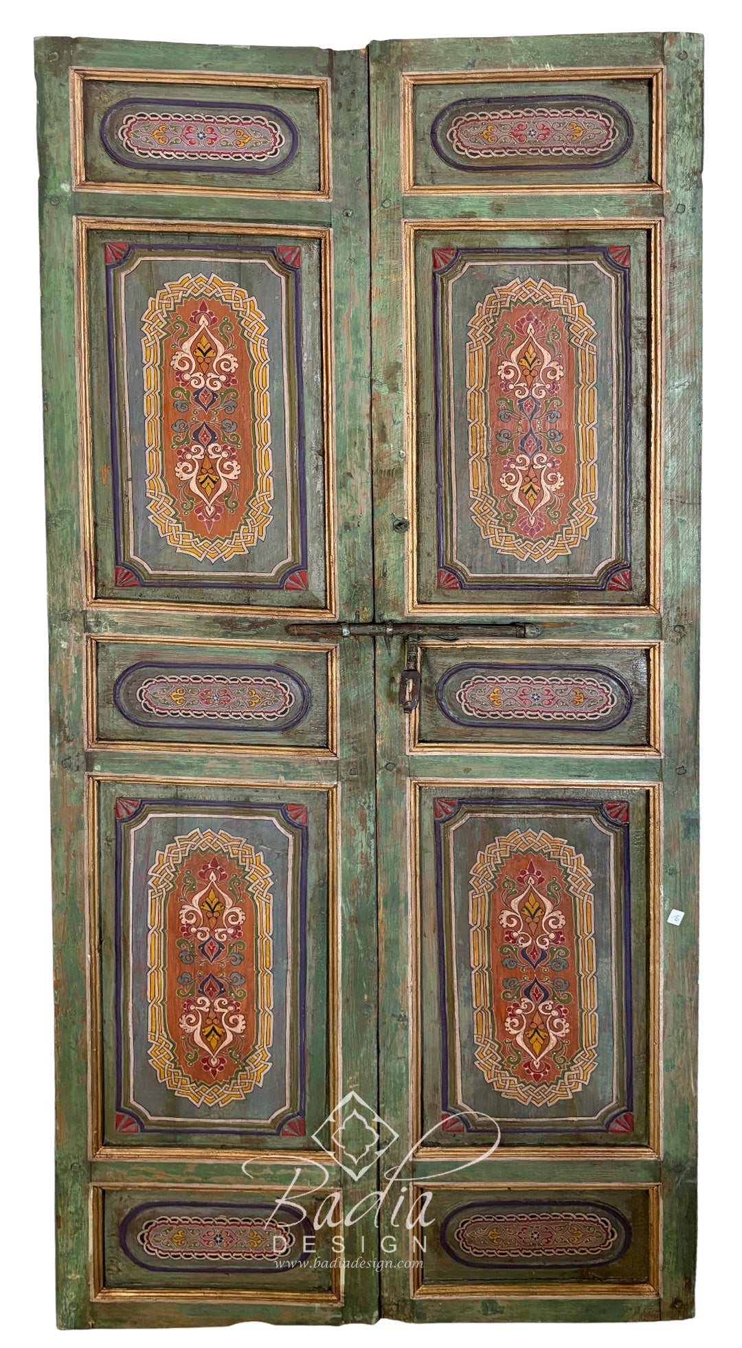 Vintage Moroccan Green and Red Wooden Door with Hand Painted Designs
