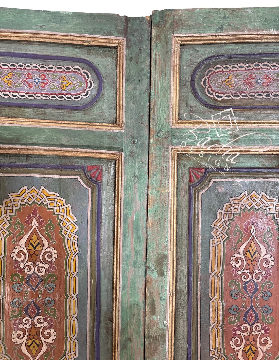 Vintage Green and Red Wooden Door with Hand Painted Designs