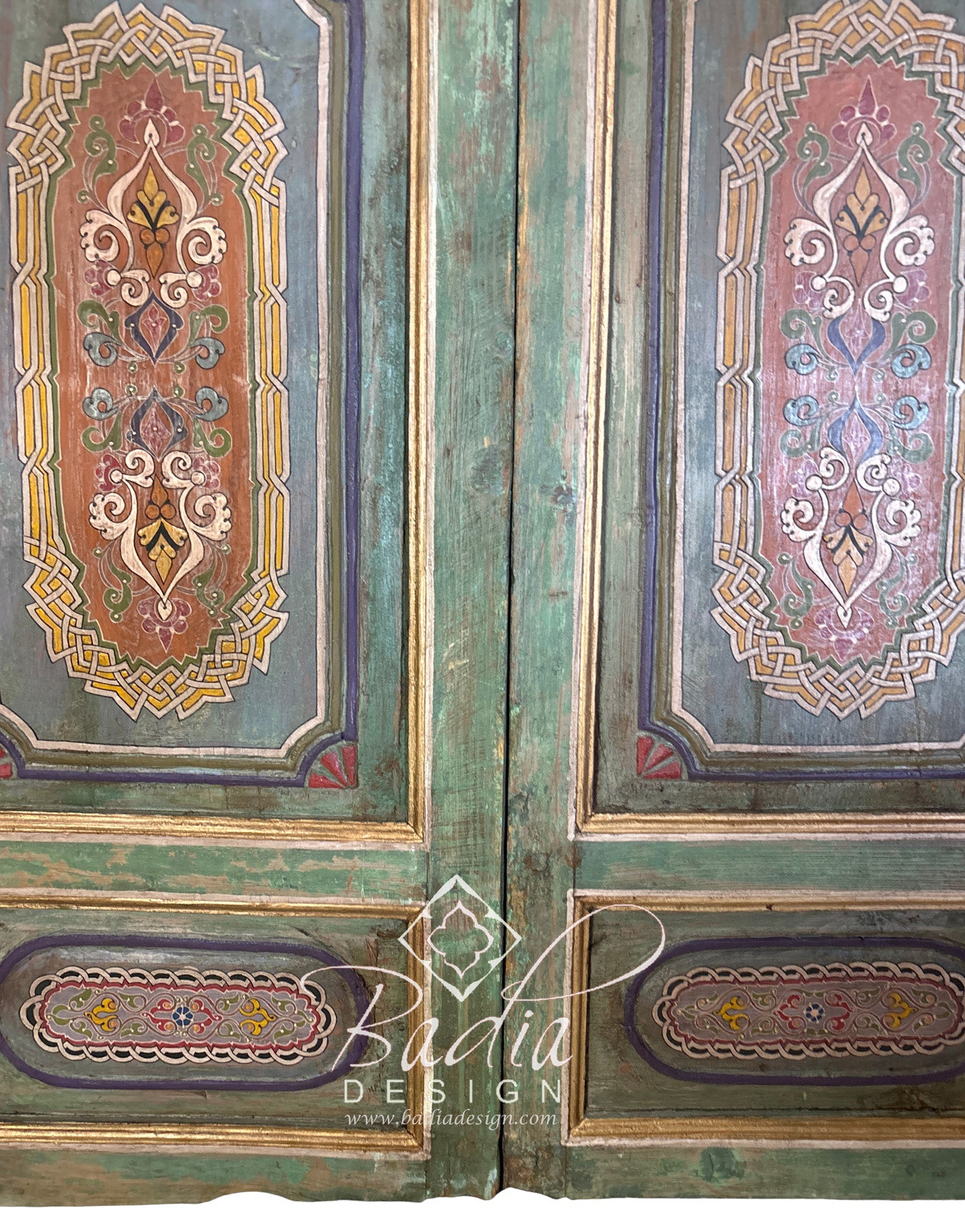 Vintage Green and Red Wooden Door with Hand Painted Designs