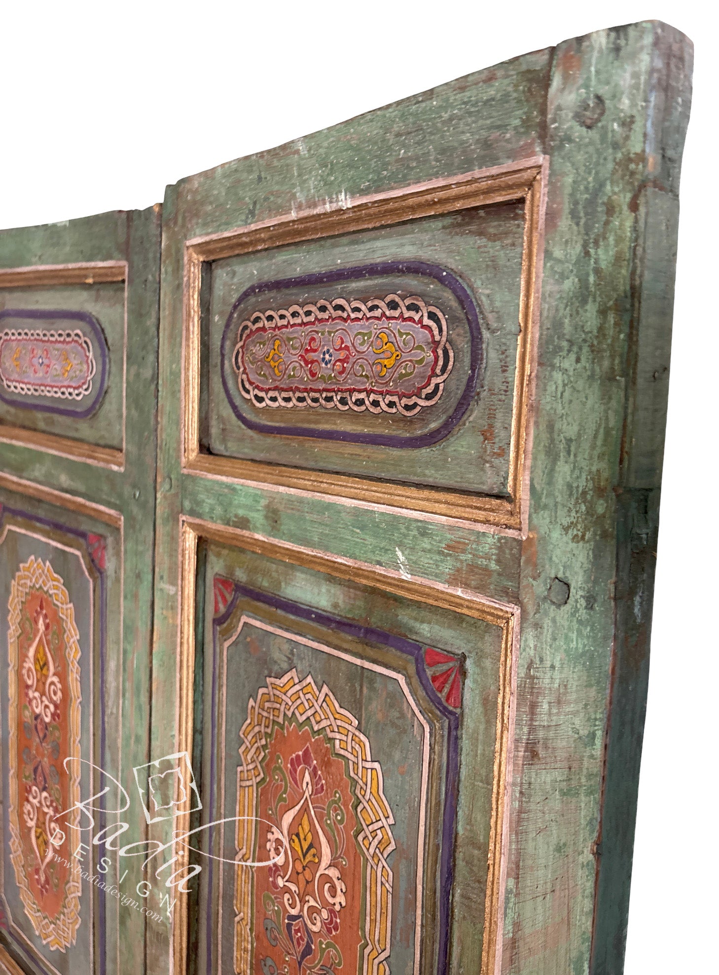 Vintage Green and Red Wooden Door with Hand Painted Designs