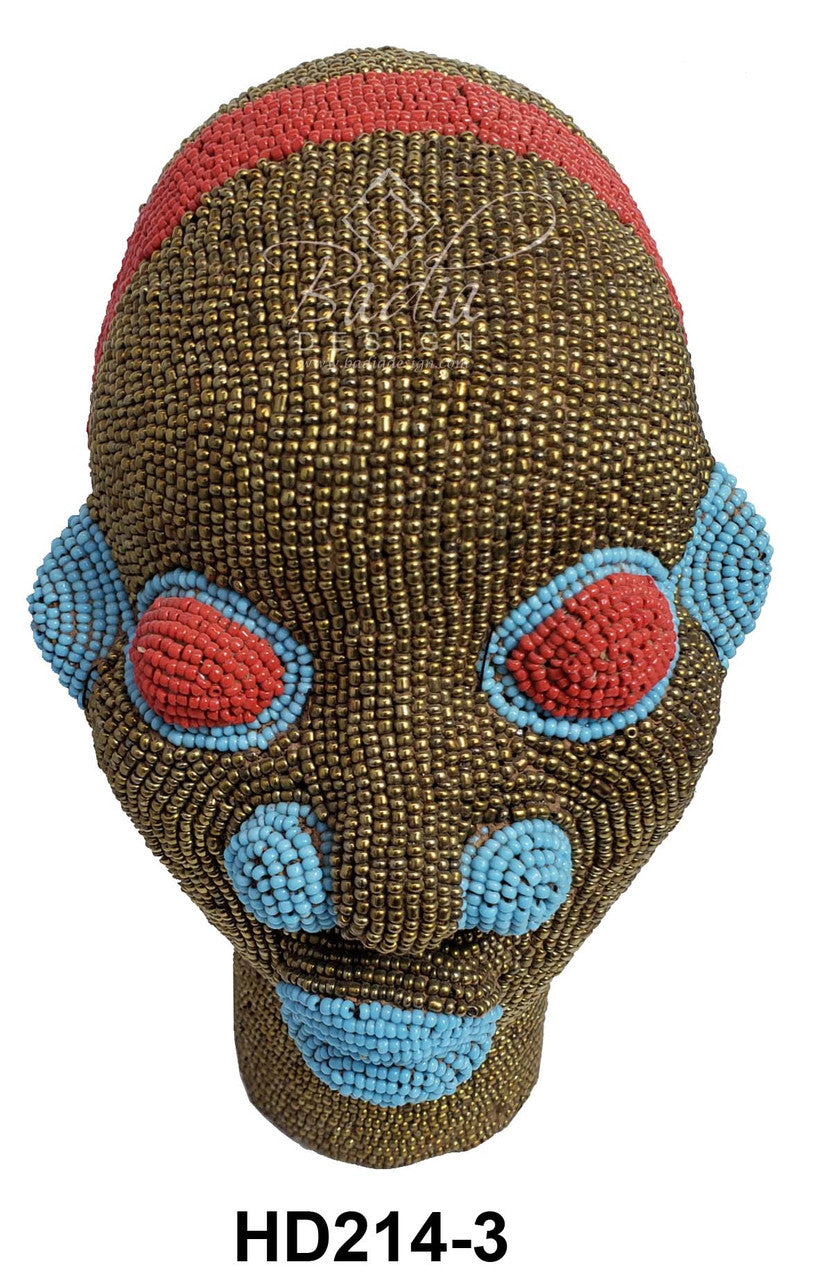 Handmade brown and blue African Beaded Head Sculpture