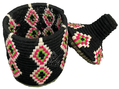 Woven basket with colorful geometric pattern on a white background