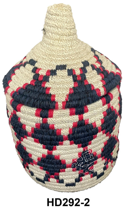Woven basket with geometric pattern on a white background