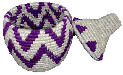 Woven basket with a matching hat featuring a purple and white pattern on a white background