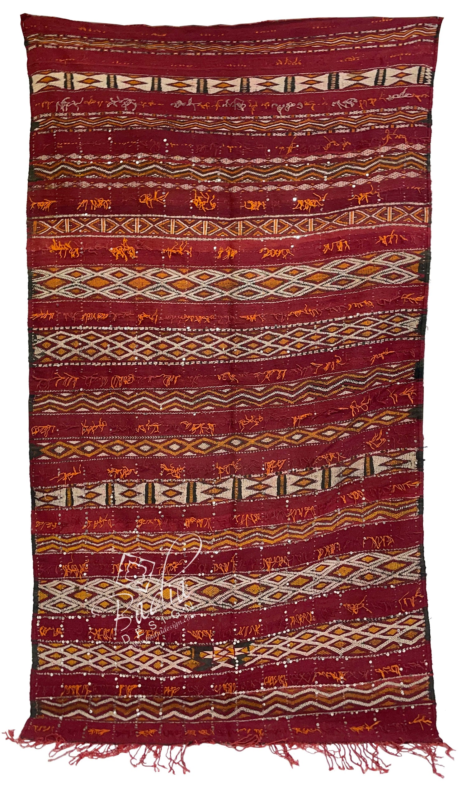 Red Handmade Moroccan Kilim Rug with Silver Sequins