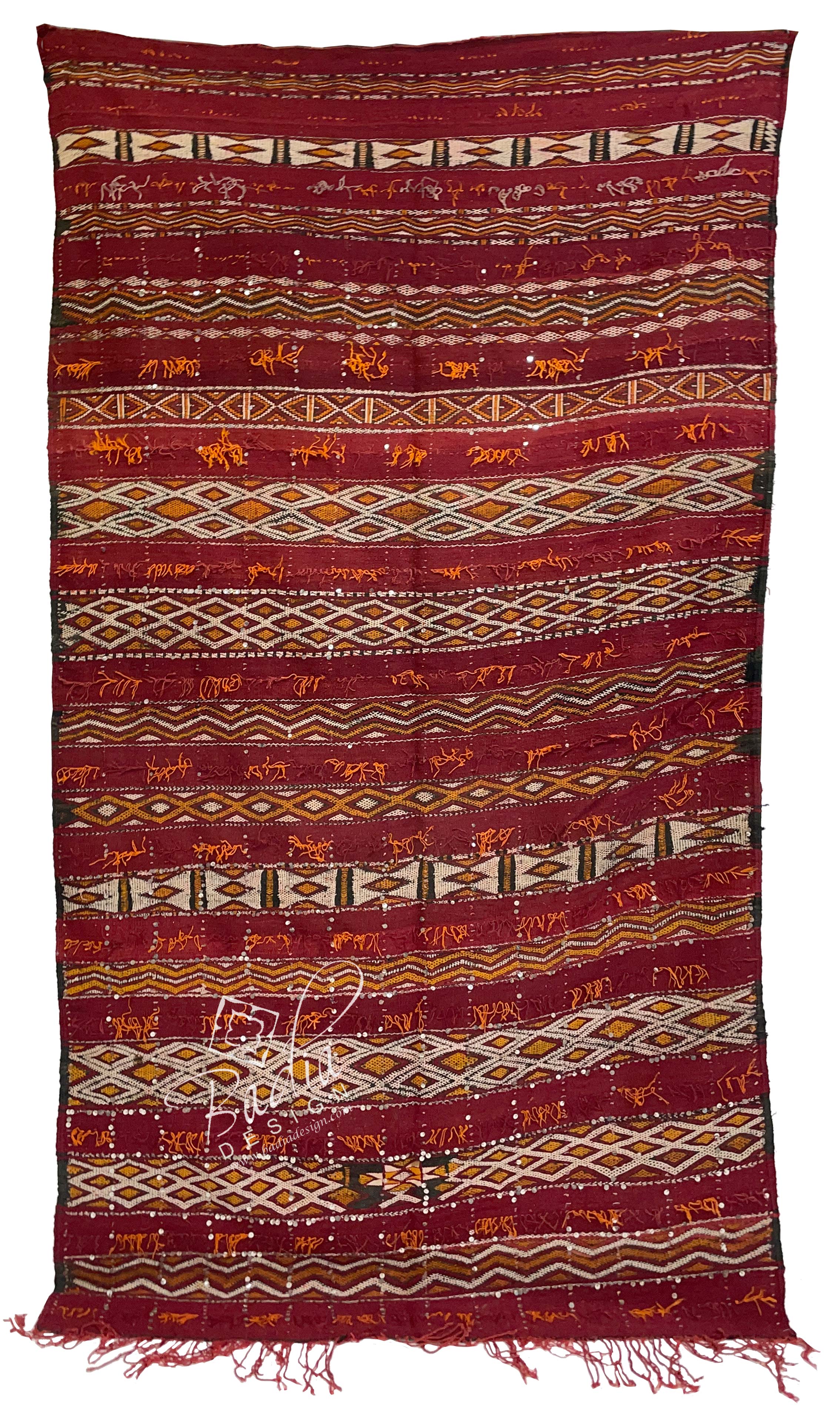 Red Handmade Moroccan Kilim Rug with Silver Sequins