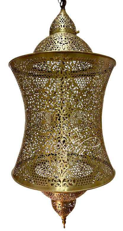 An ornate brass hanging lantern with intricate laser-cut filigree patterns, shown against a plain white background.