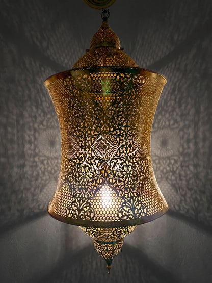 Hourglass-Shaped Moroccan Pierced Brass Chandelier