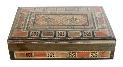 Decorative wooden box with intricate patterns on a white background