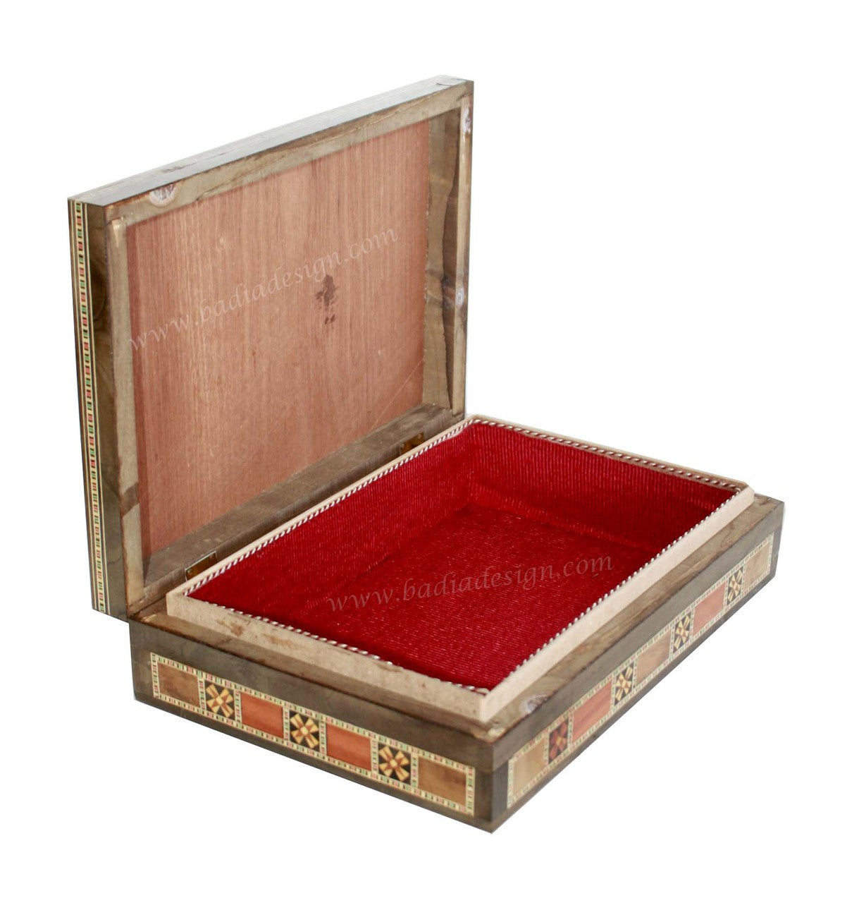 Decorative wooden box with red interior on a white background