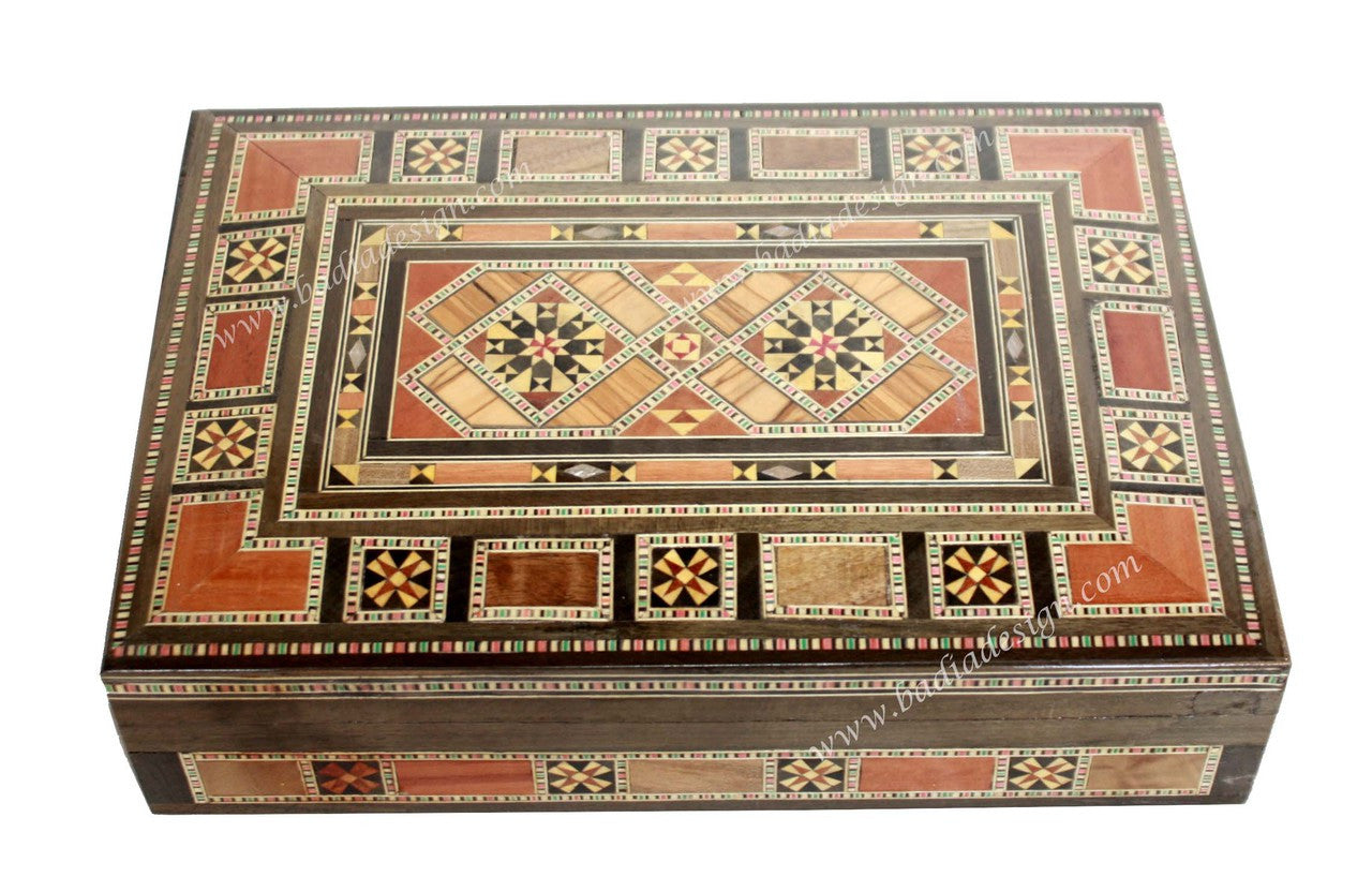 Moroccan Inlaid Wooden Jewelry Box with Geometric Designs
