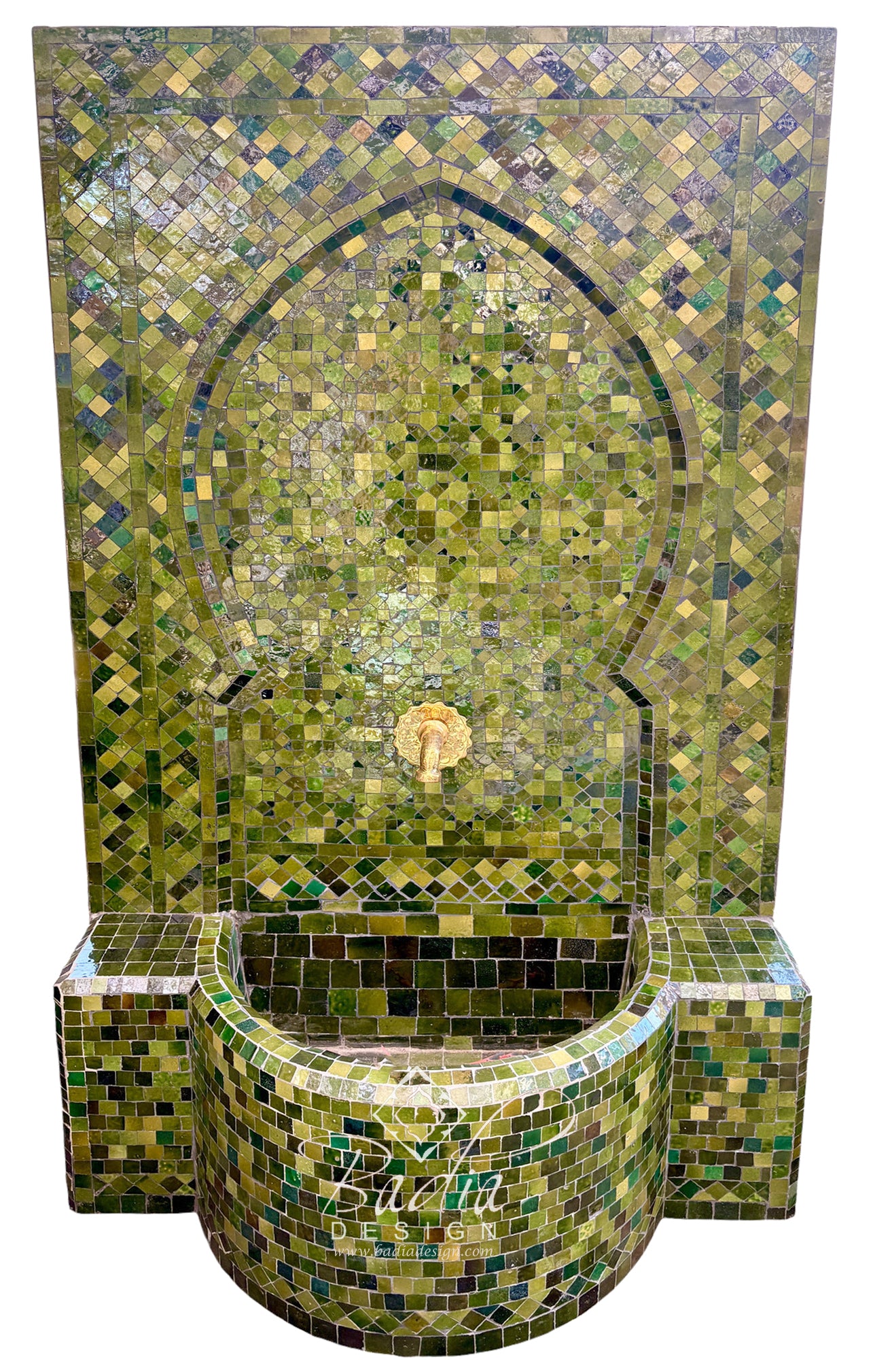 A Moorish-style mosaic tile fountain with a tall arched back panel and a curved basin, covered in green, olive, and gold-toned tiles with a small central spout.