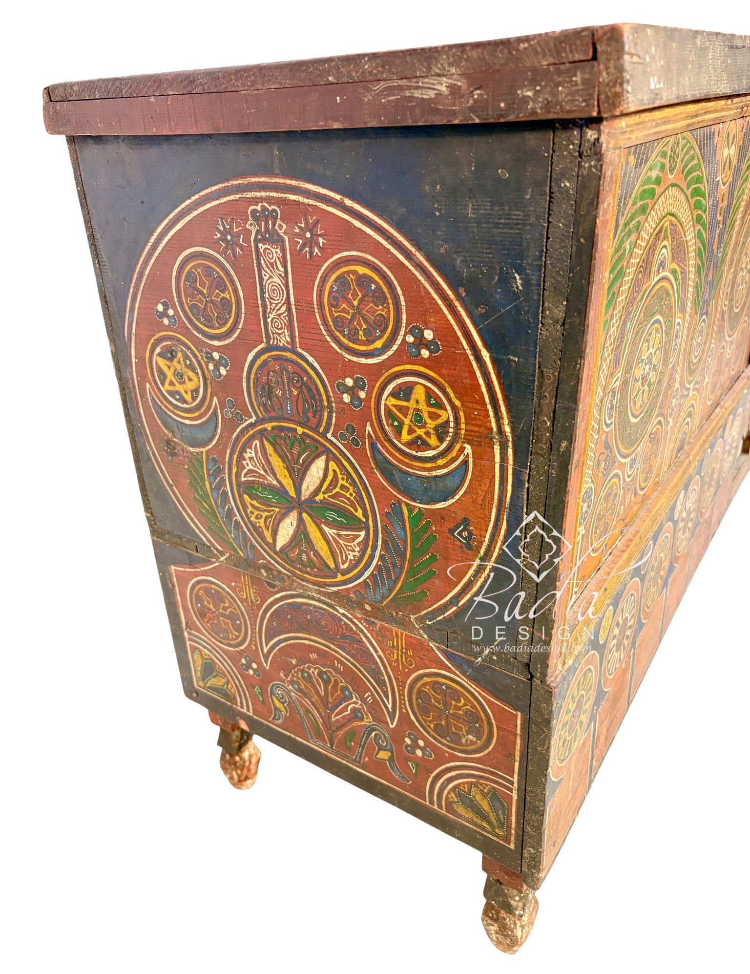 Large Hand-Painted Moroccan Wooden Trunk