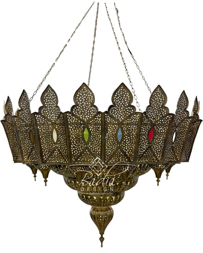 Large Brass Chandelier with Multi-Color Glass Eyelets