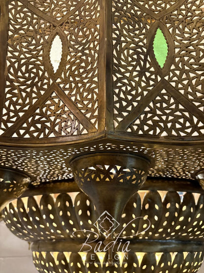 Large Brass Chandelier with Multi-Color Glass Eyelets