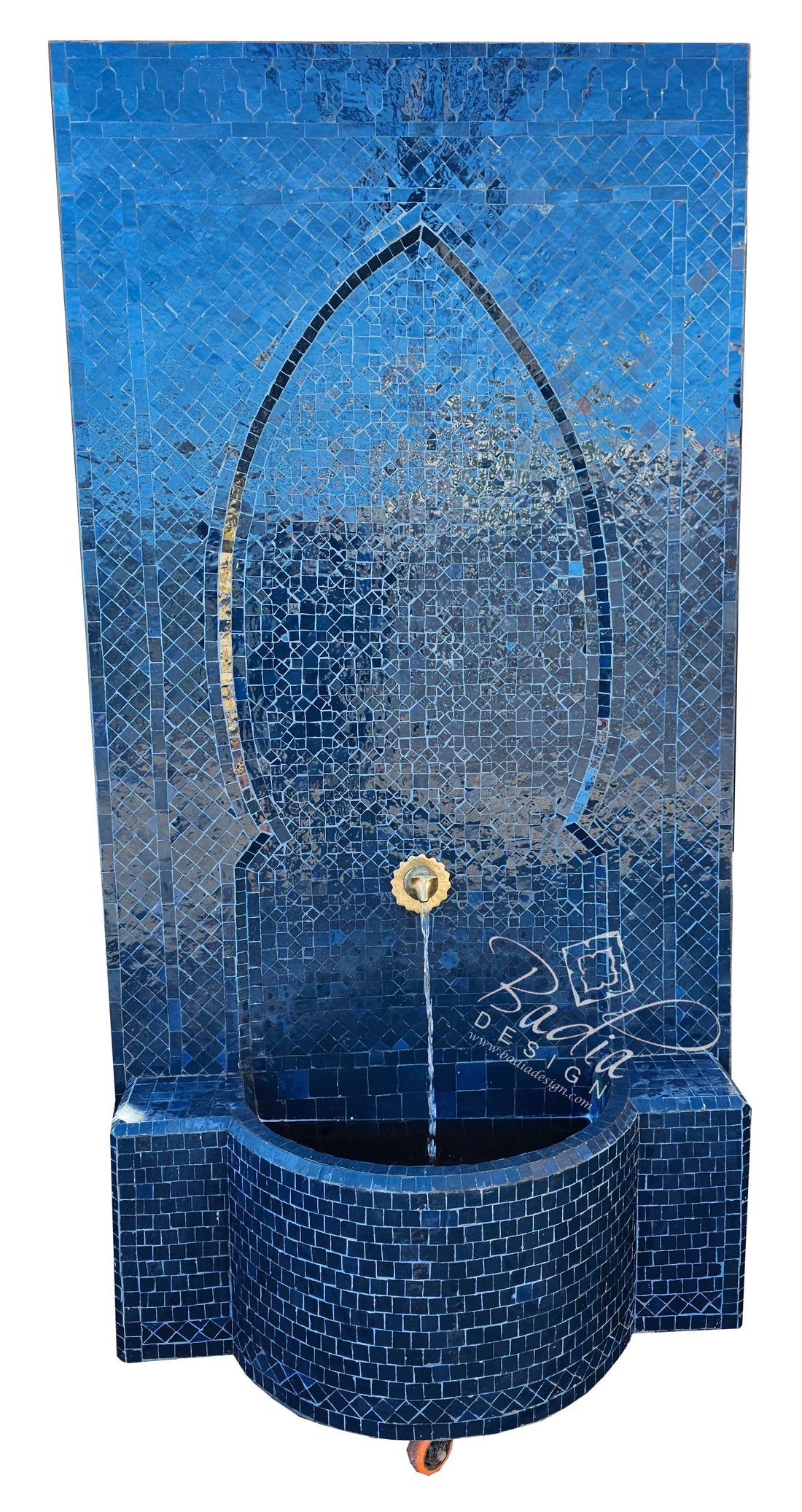 Blue mosaic wall fountain with intricate design and water feature.