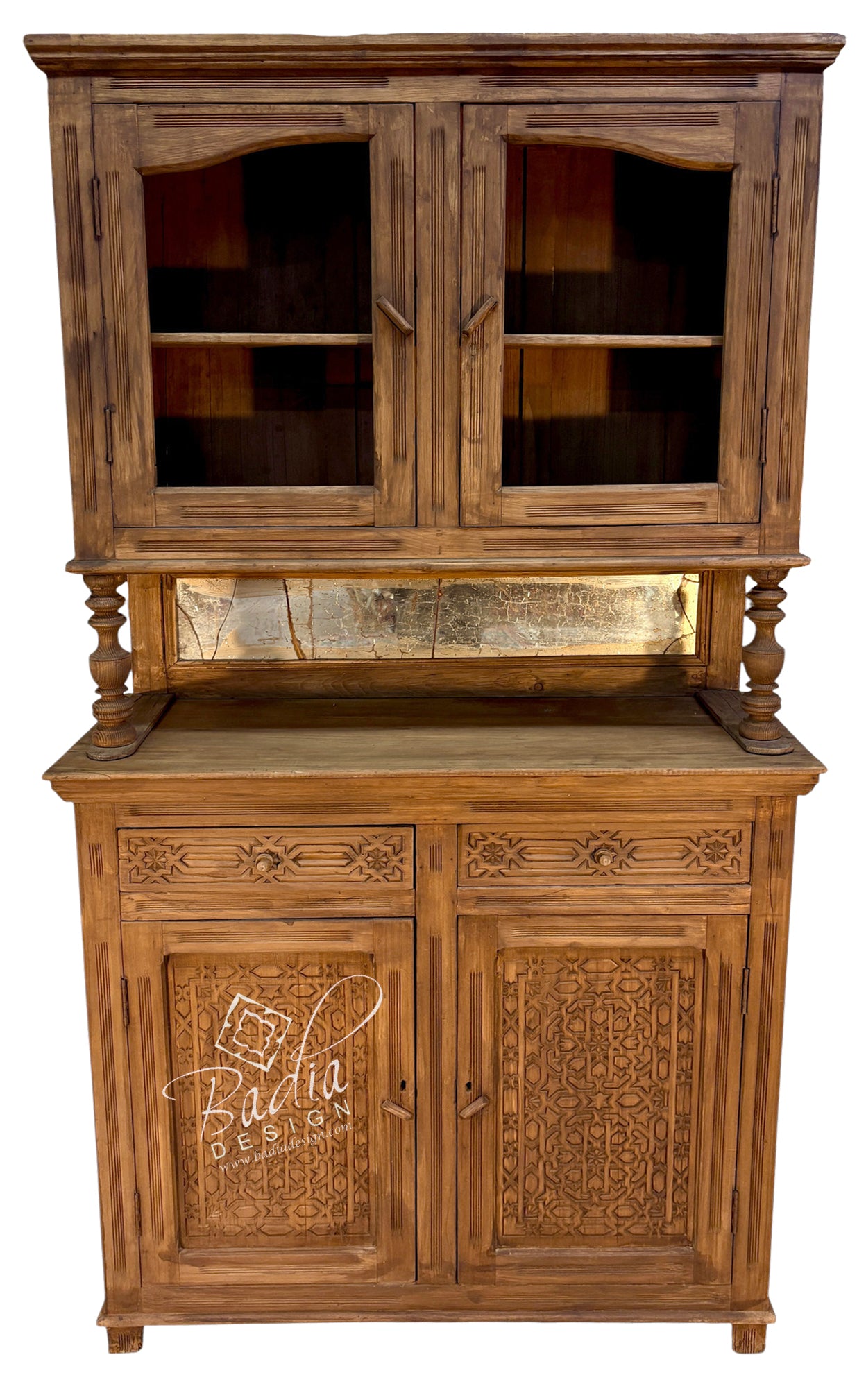 Large Hand-Carved Wooden Cabinet with Hutch