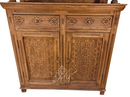 Large Hand-Carved Wooden Cabinet with Hutch