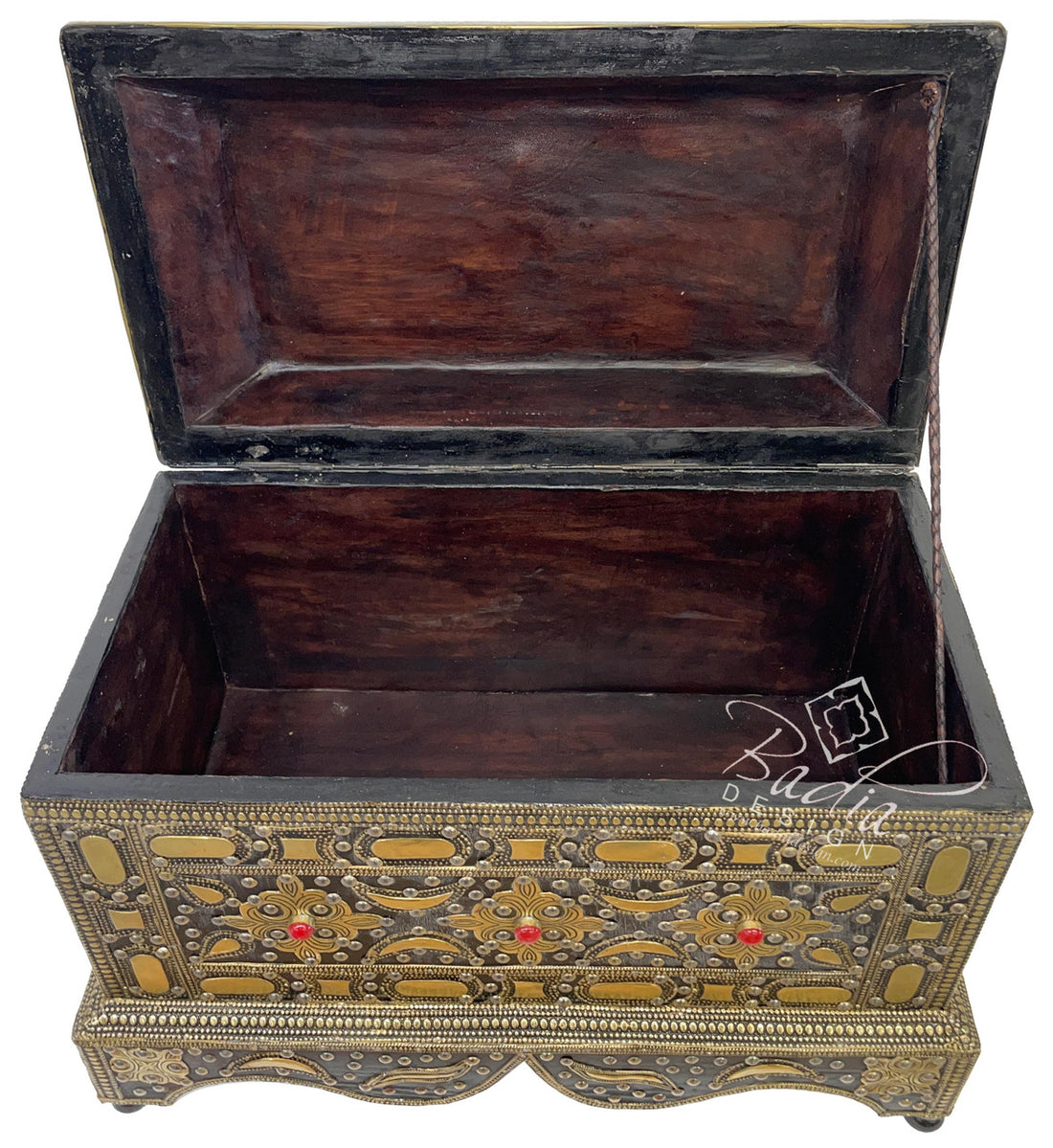 Large Traditional Moroccan Brass Storage Box with lid open to view inside