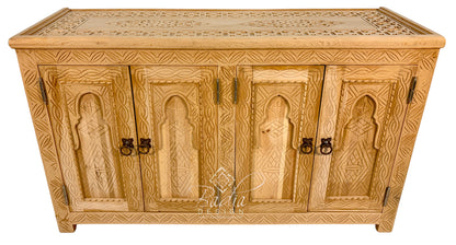 Large Unstained Moroccan Carved Wood Cabinet