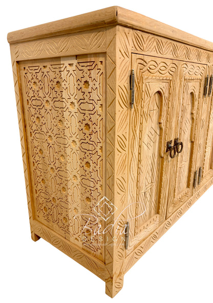 Large Unstained Carved Wood Cabinet