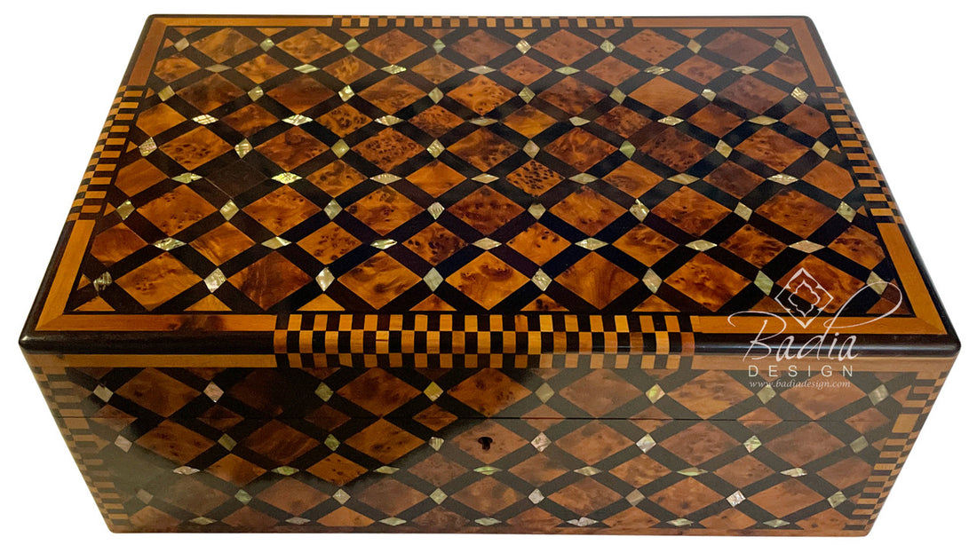 Large Moroccan Wooden Thuya Jewelry Box with Mother of Pearl Inlay