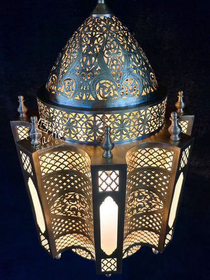 Handcrafted Brass Chandelier with White Glass Panels