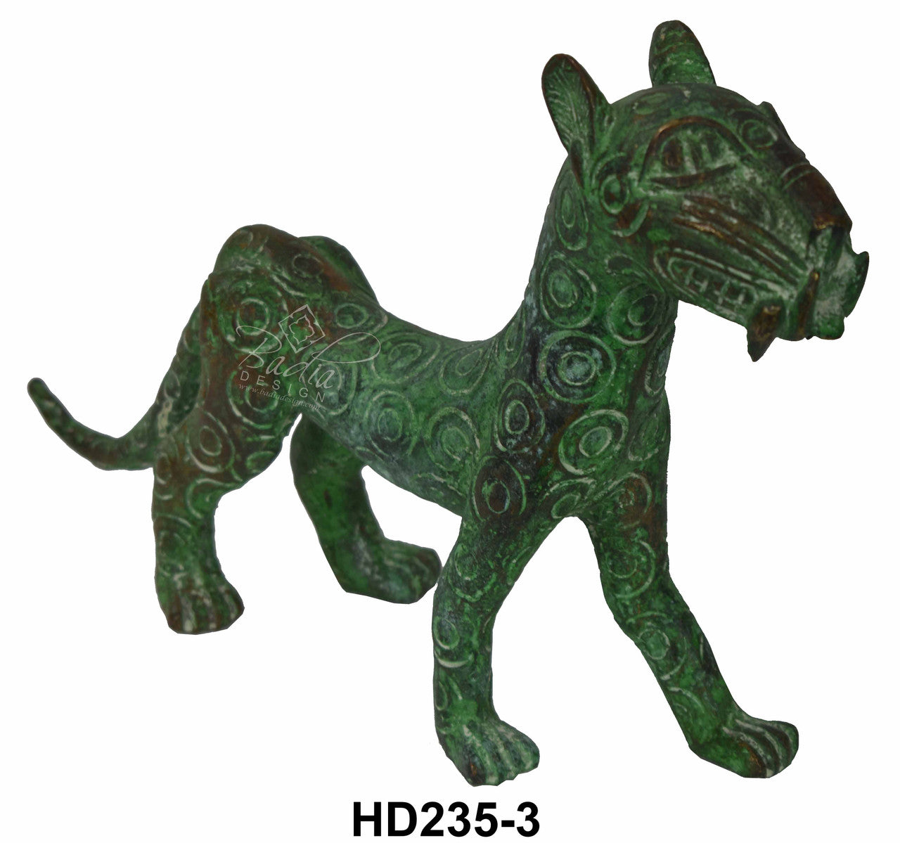 Bronze figurine of a dog with intricate patterns on a white background