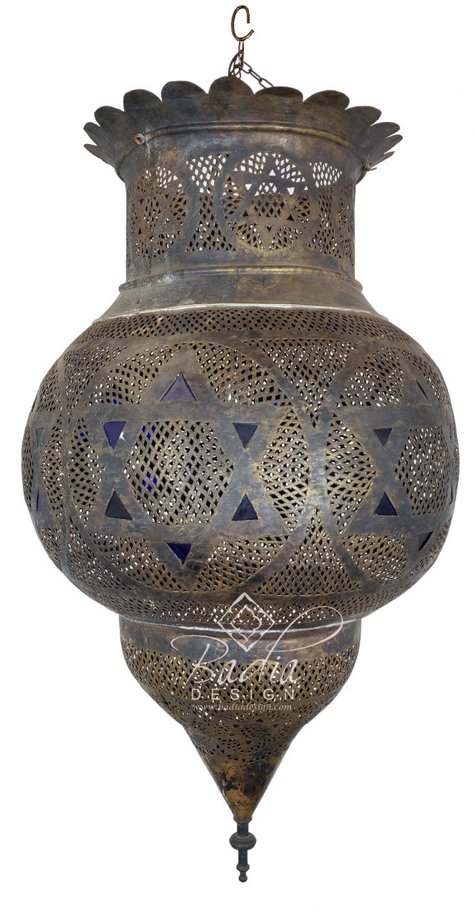 Aged Moroccan Brass Chandelier with Blue Glass Eyelets