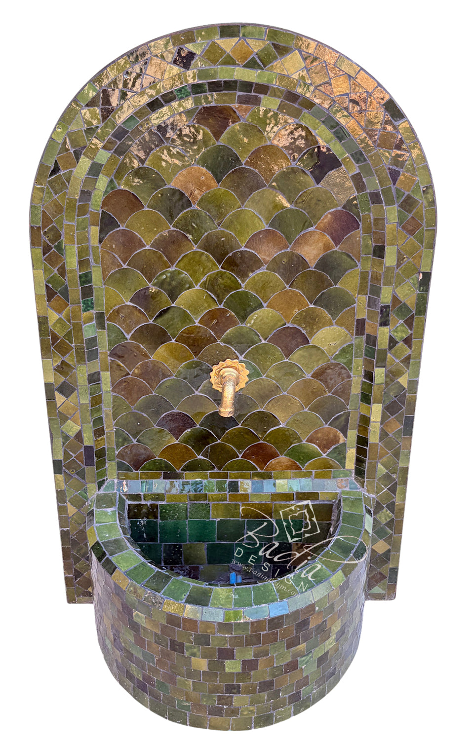 A mosaic tile fountain with an arched back panel and a curved basin, featuring green, brown, and gold iridescent tiles with a central gold spout.