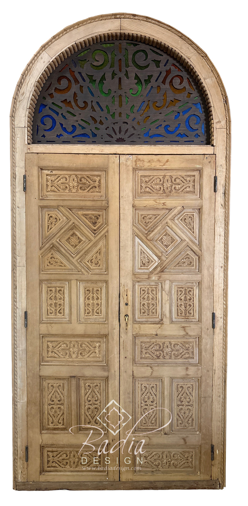 Moroccan Arched Hand Carved Wooden Door with Colored Glass Transom