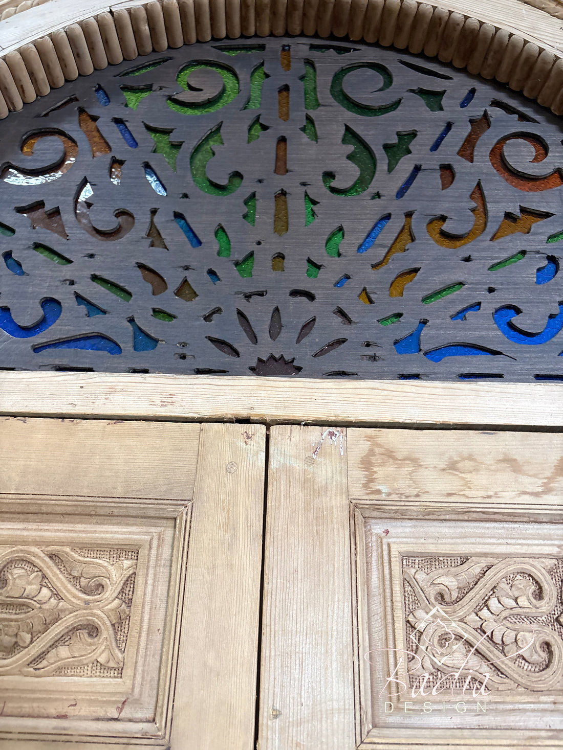 Arched Hand Carved Wooden Door with Colored Glass Transom