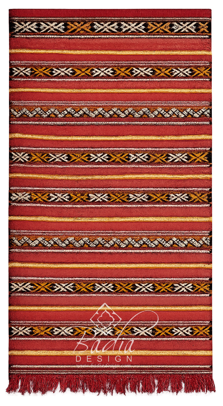 Moroccan Area Rug with Red Base and Mustard Stripe Accents