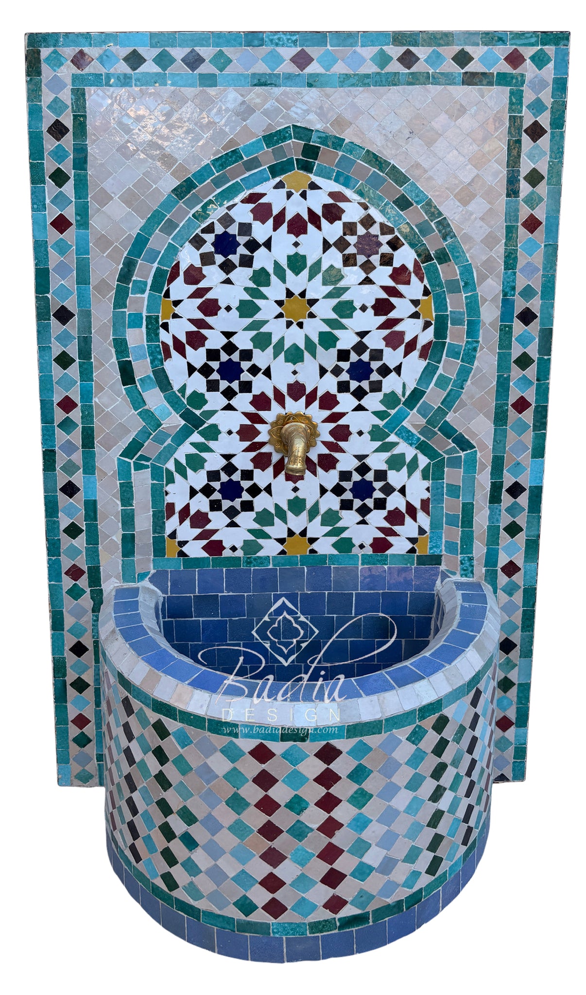 A Moorish-style mosaic fountain wall and basin with intricate geometric tile patterns in turquoise, blue, white, green, and burgundy, featuring a central brass  spout.