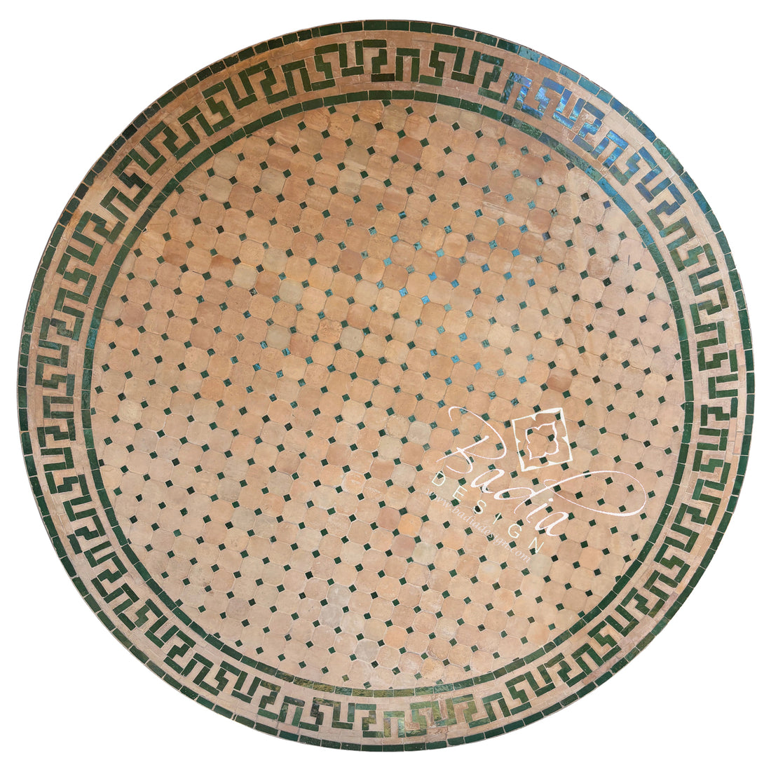 Moroccan Beige and Green Tile Table Top with Geometric Design