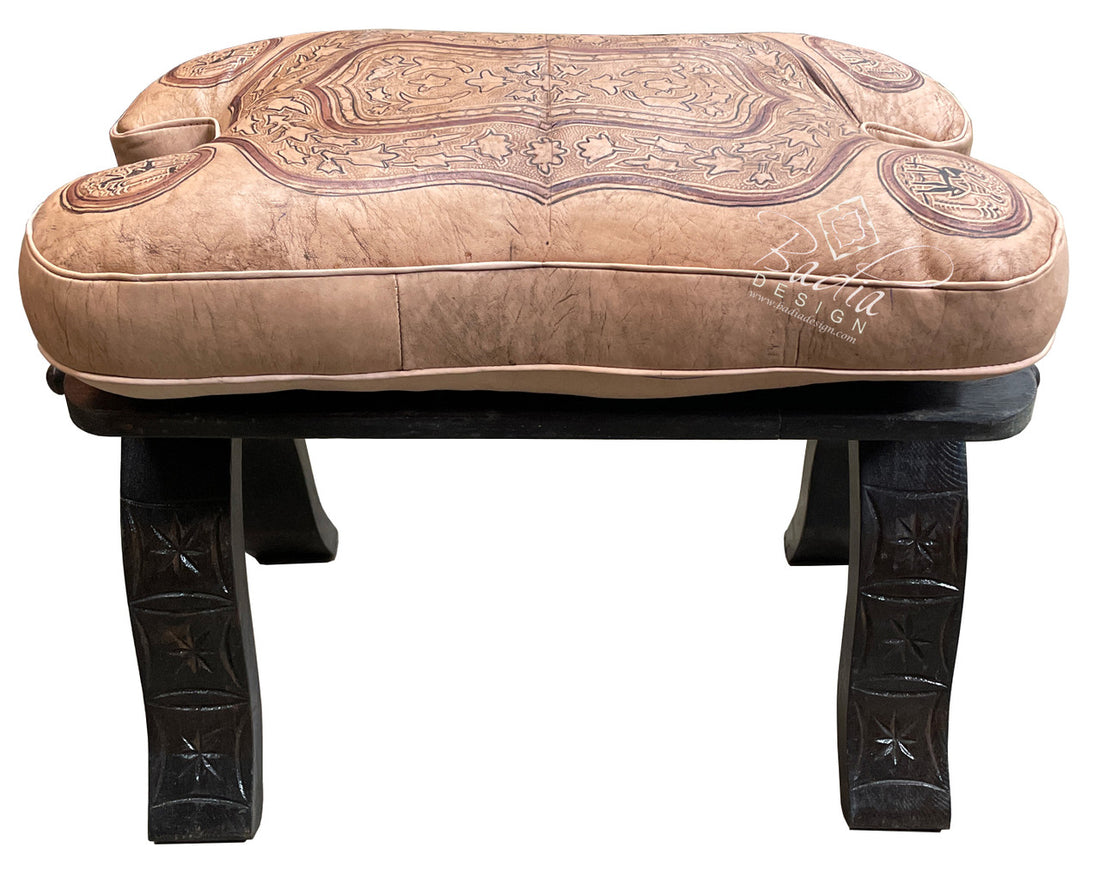 Beige Camel Leather Saddle Ottoman with Carved Wood Base