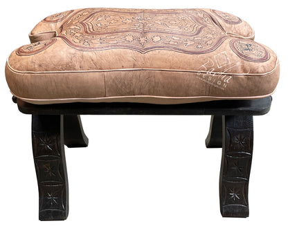 Beige Camel Leather Saddle Ottoman with Carved Wood Base