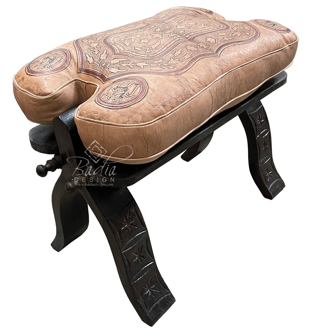 Beige Camel Leather Saddle Ottoman with Carved Wood Base